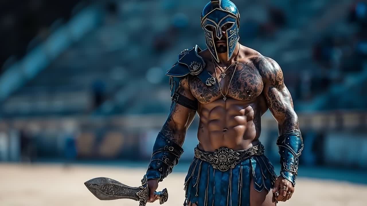 A man in a spartan costume holding a sword in his hand