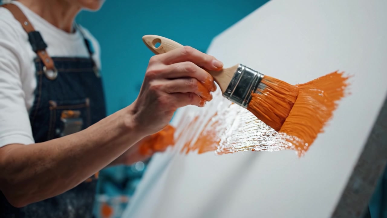 Eine kreative Reise: Kräftige orange Farbe auf Leinwand für künstlerischen Ausdruck und Meisterschaft in der Welt der Bildenden Künste und Maltechniken.
