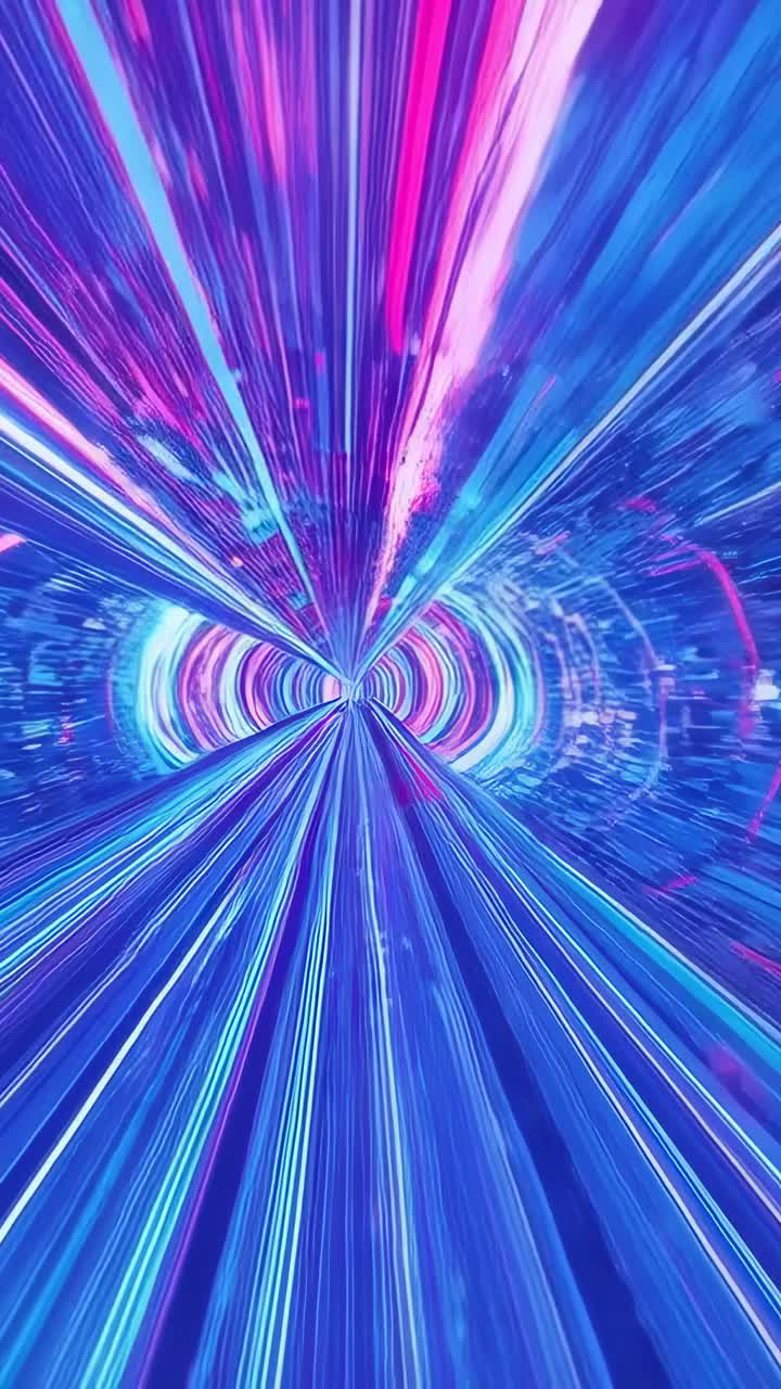 Video verticale: telecamera che sfreccia in un tunnel al neon, mostrando binari e anelli LED per la velocità