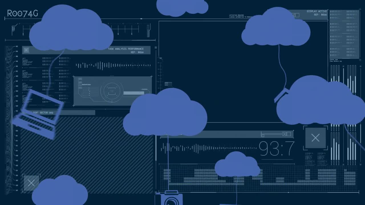 구름 아이콘의 애니메이션과 어두운 배경의 데이터 처리