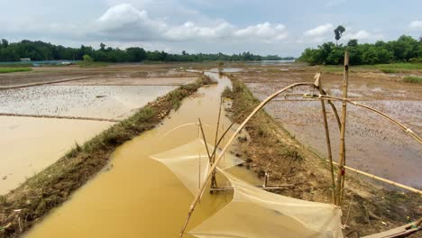 Fishing-traps-on-a-water-cannal-in-a-mudland,-rural-Bangladesh