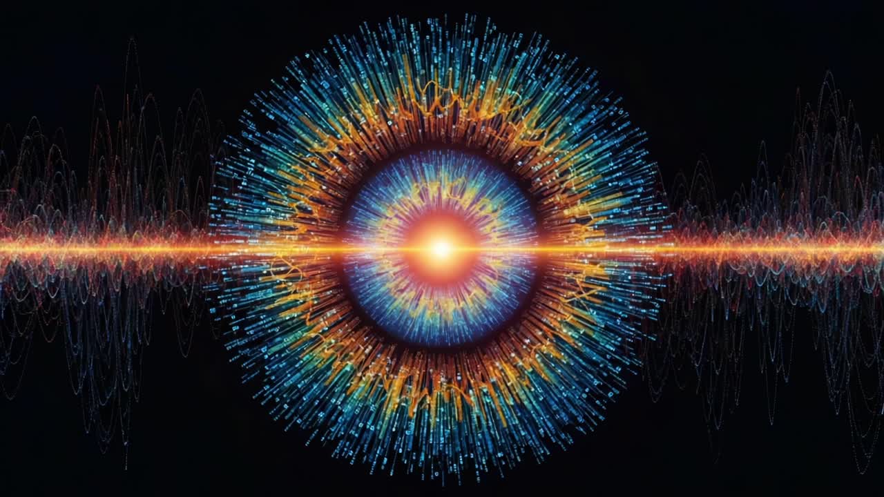 Vibrant Energy Pulsating from a Central Core, Radiating Colorful Waves and Patterns in a Stunning Visual Representation of Sound and Light Interactions