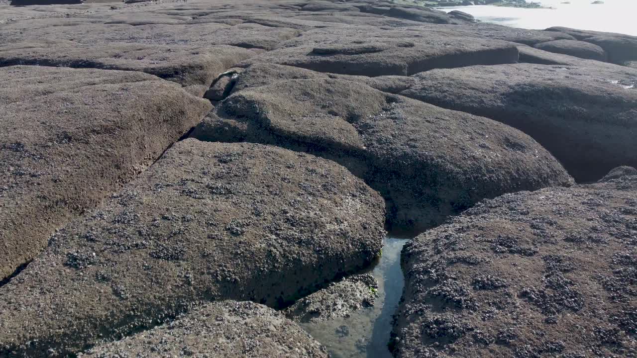 volando hacia atrás sobre una playa rocosa, revelando fort de la crèche