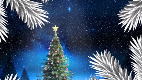 Christmas-tree-branches-over-snow-falling-on-white-christmas-tree-against-shining-stars-in-night-sky