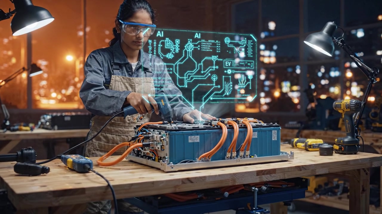 A skilled technician working on an electric vehicle battery at a high-tech workshop, showcasing advanced technology and professional tools in a dimly lit environment.