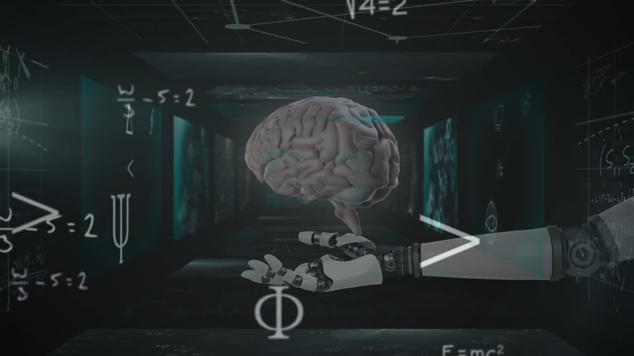 Animation of rotating brain and math formulas on black background and robot arm