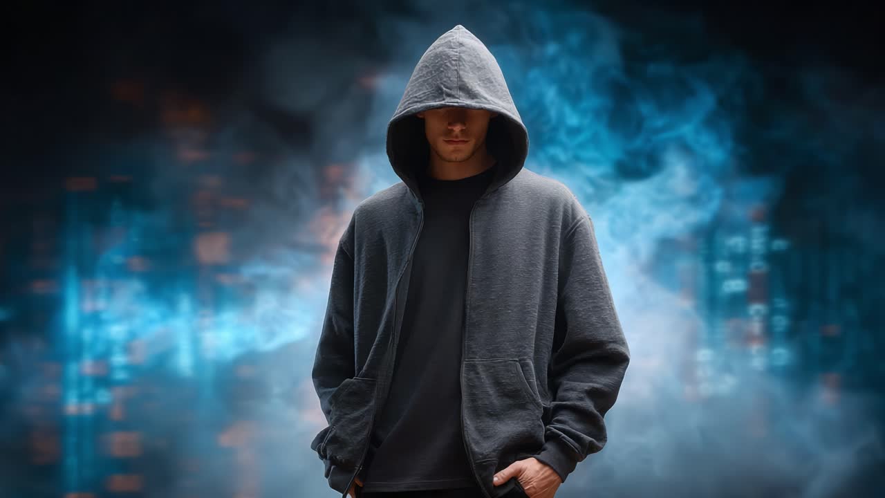 A Mysterious Figure Emerges from Shadows, Shrouded in a Dark Hoodie, Symbolizing Intrigue and Contemplation Under a Transitioning Sky of Light and Darkness