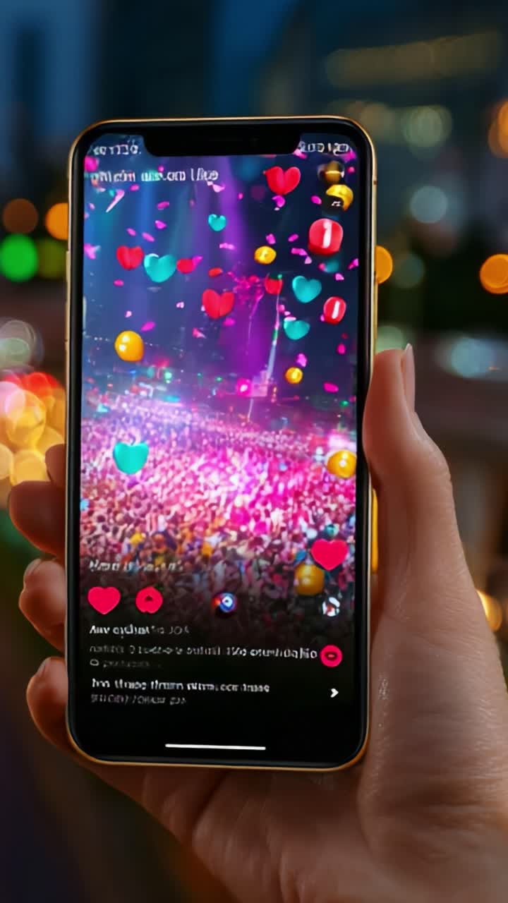 Una vivace rappresentazione di cuori colorati e celebrazioni trasmessa attraverso lo schermo di uno smartphone, che cattura l'entusiasmo di un evento dal vivo con una folla di spettatori gioiosi sullo sfondo