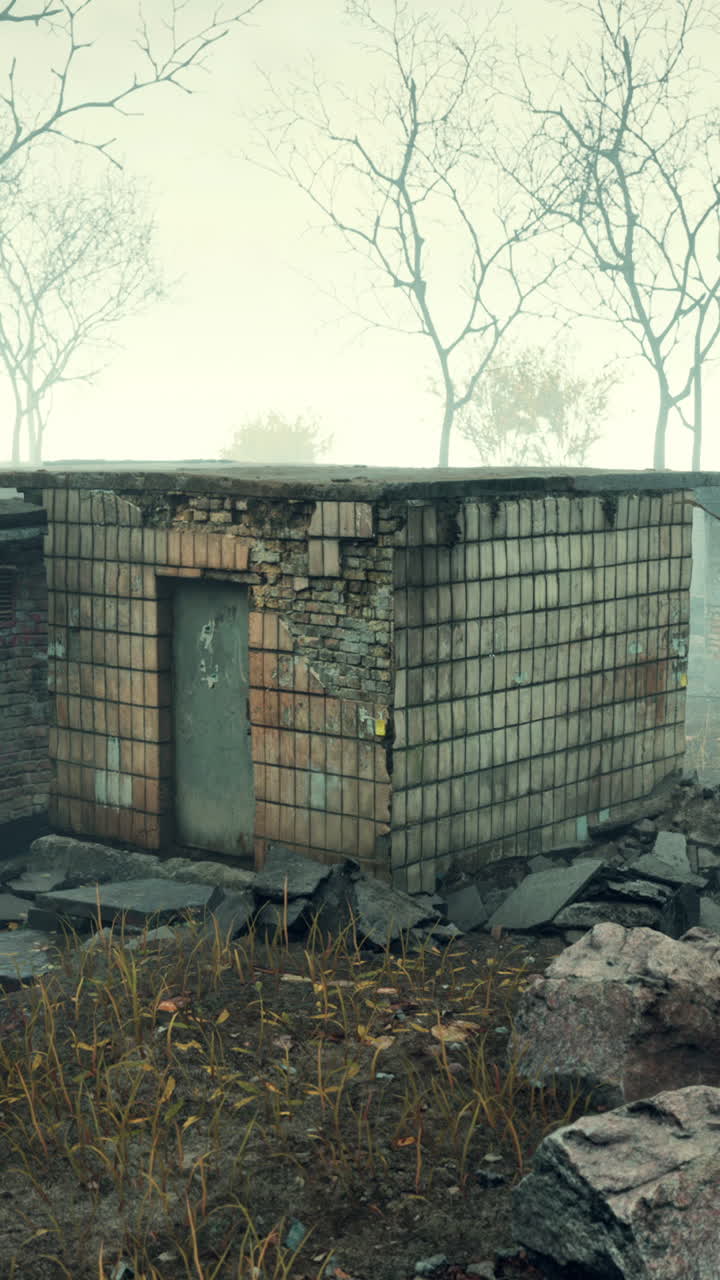 una espeluznante ruina de ladrillo abandonada en un bosque de niebla