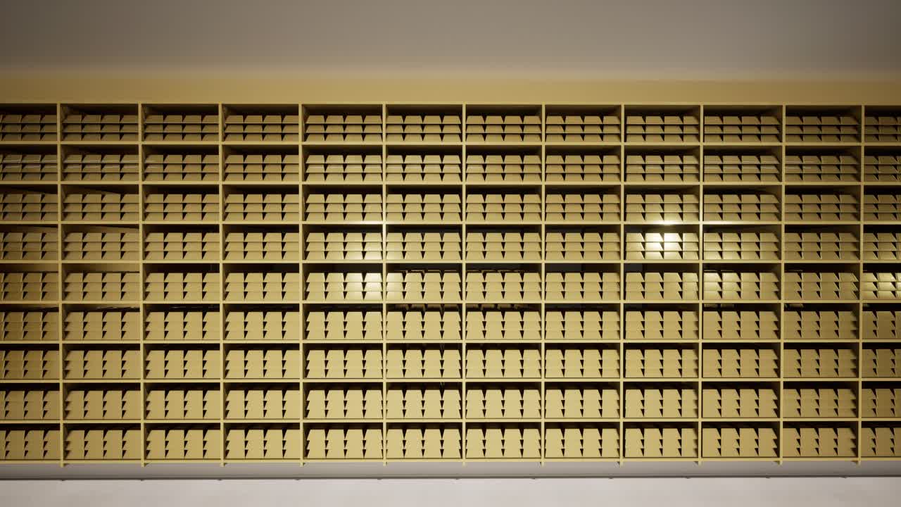 Goldbarren, gestapelt im Regal eines Banksafes
