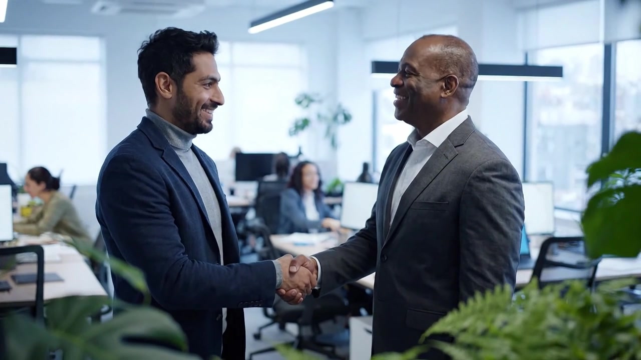 Two professionals engage in a friendly handshake in a modern office environment, showcasing collaboration, positivity, and professional relationships.
