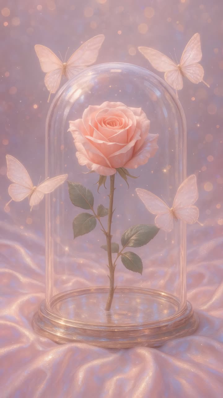 Concept video etereo con un angolo ravvicinato di una rosa sotto una cupola di vetro