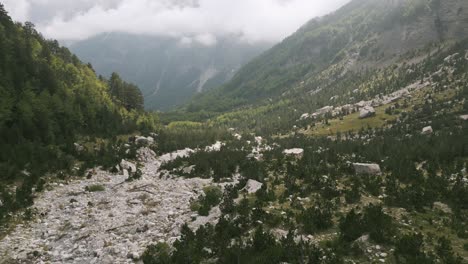 lush valley in albania’s valbona region with rocky terrain and dense forest captured from above