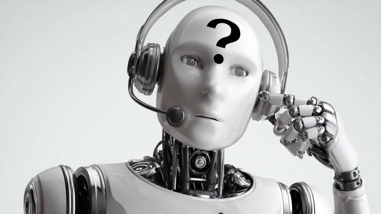 A curious humanoid robot with a headset poses a contemplative expression, highlighting the intersection of technology and artificial intelligence as it engages in an inquiry with a question mark above its head