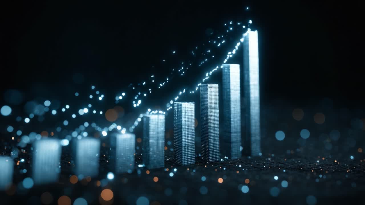 Data Visualization of Growth Trends: An Abstract Representation of Increasing Metrics with Sparkling Light Effect and Geometric Proportions