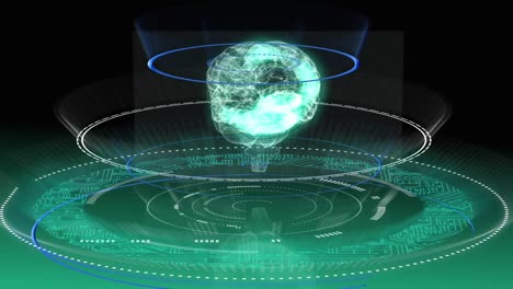 animation of brain rotating, data processing, integrated circuits and circles on green background