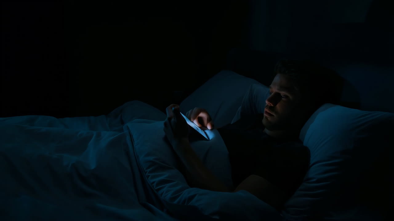 Uomo bianco a letto che scorre il telefono, il bagliore dello schermo blu illumina il volto ansioso mentre il libero professionista controlla i messaggi
