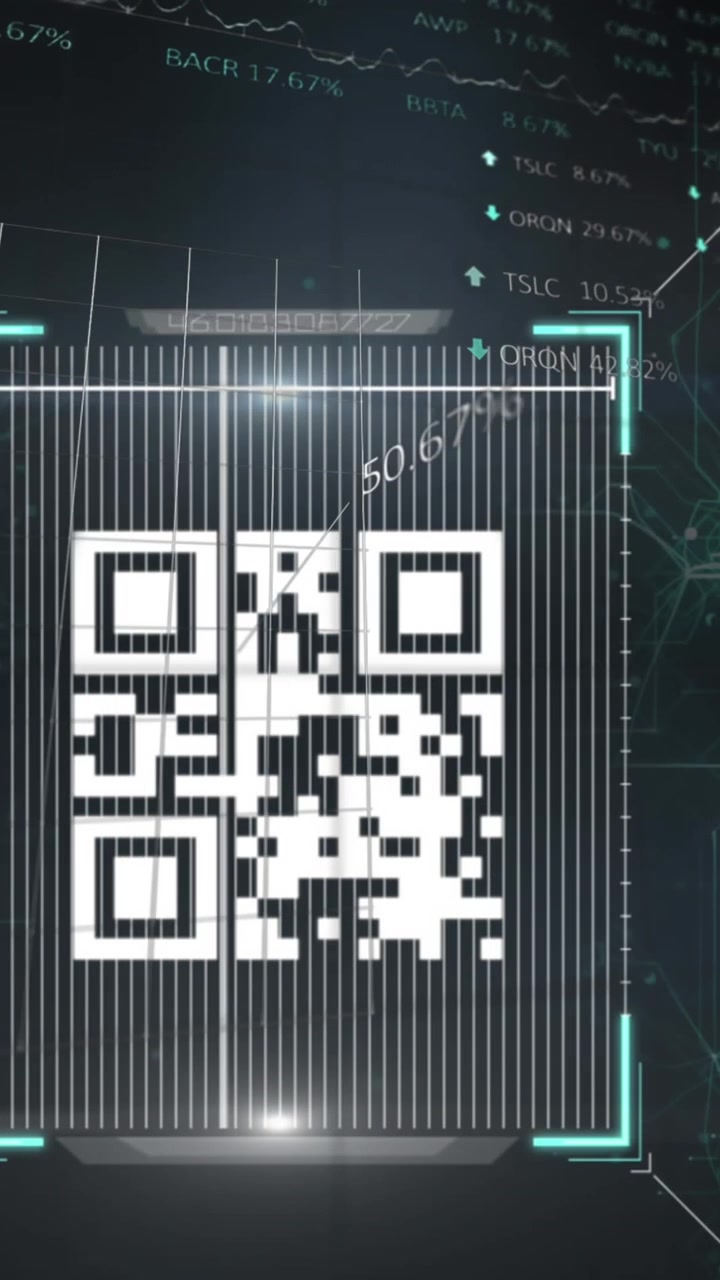 Animation of lights and qr code over financial data on digital screen