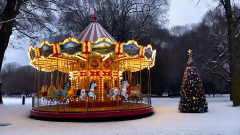 illuminated carousel and christmas tree in a snowy park