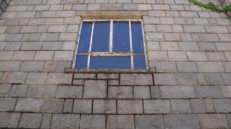Panoramica verticale verso l'alto di un muro di pietra di un vecchio edificio