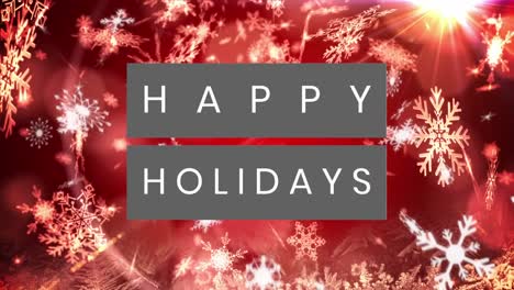 animation of wishing you, happy holidays text, falling snowflakes and lens flare on red background