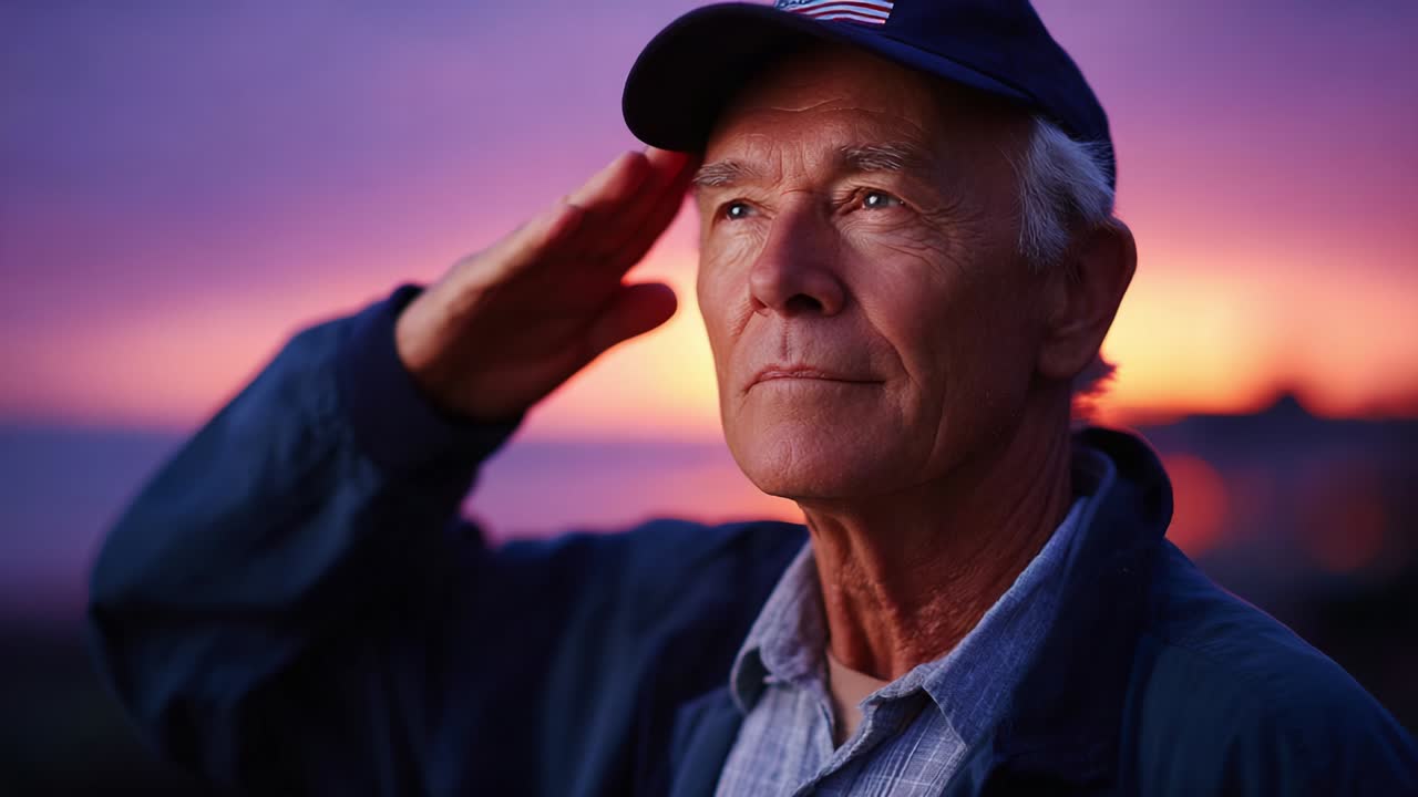 A contemplative elderly man in a dark cap gazes into the distance during a breathtaking sunset, embodying a moment of reflection and pride against a vibrant sky painted with colors of twilight