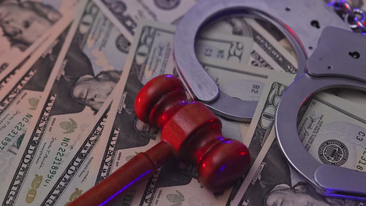 Wooden judge gavel with handcuffs US dollar bills in light flashes police