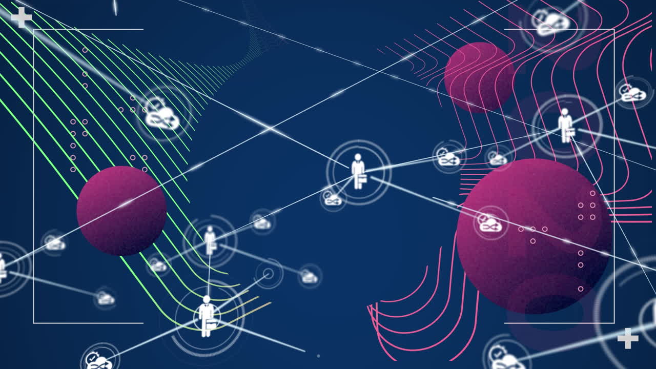 Animation of computer icons interconnecting with lines over rotating globes and wave patterns