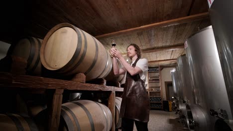 authentic shot of successful male sommelier is tasting a flavor and checking white wine quality poured in transparent glass in a wine cellar.