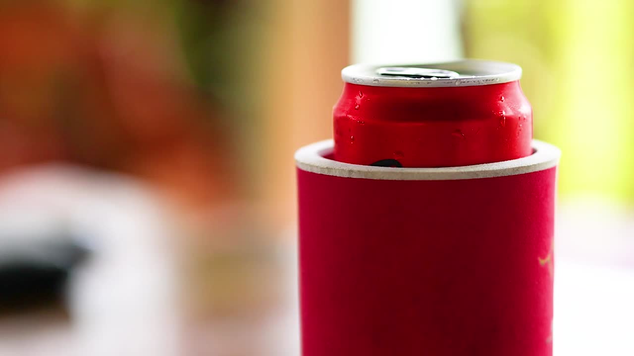 Una mano entra en el encuadre para coger una lata de refresco roja de una mesa