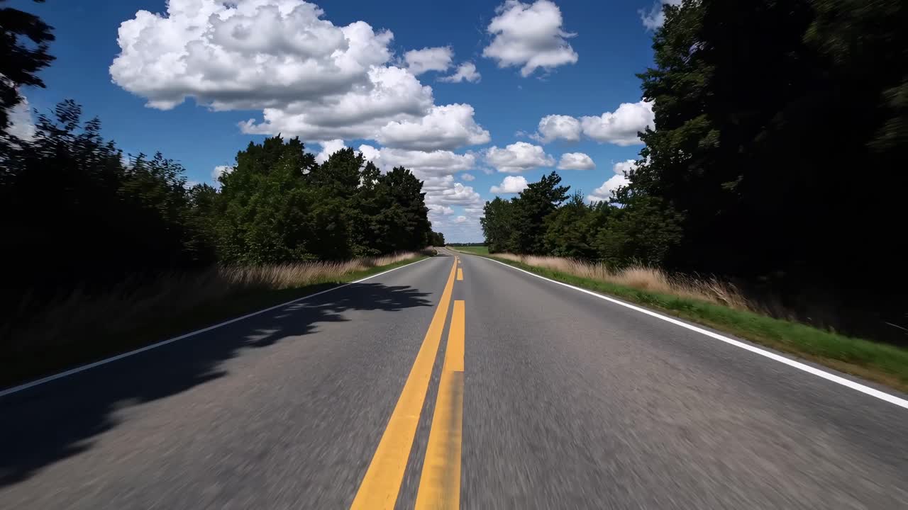 Video dinamico che riprende una strada da una prospettiva dal basso, fiancheggiata da alberi sotto un cielo azzurro vibrante