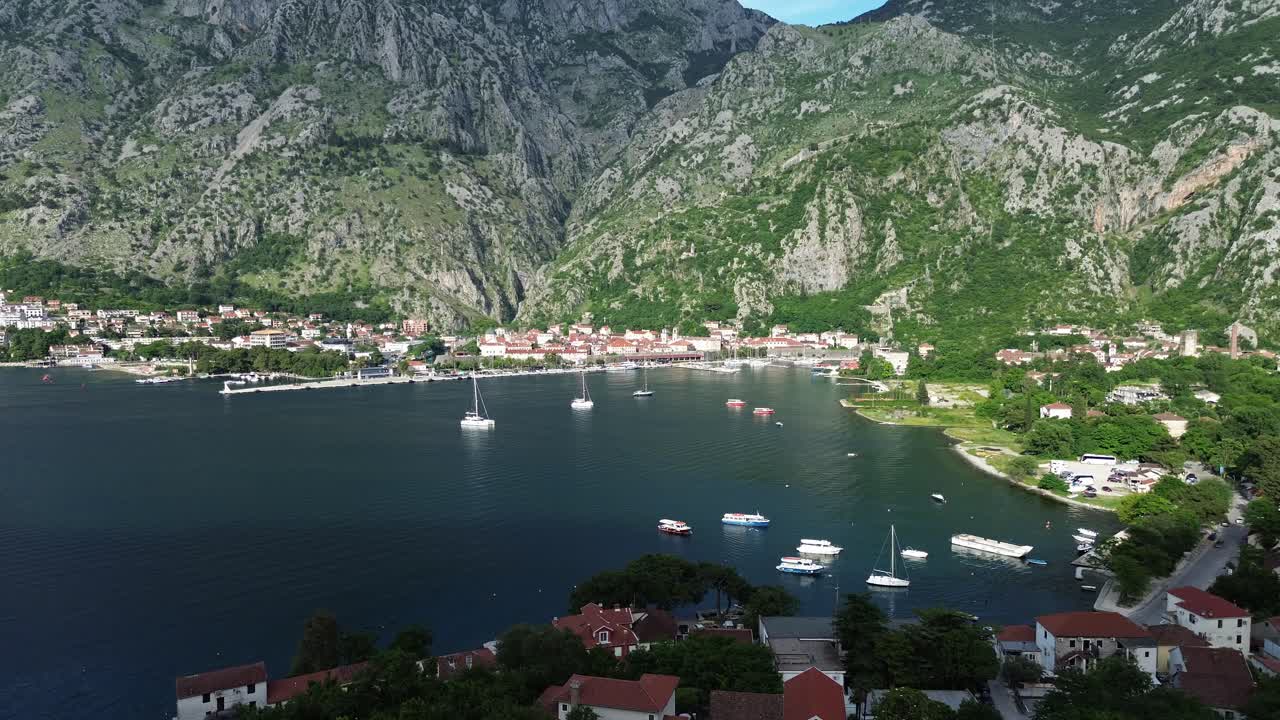 Bay of Kotor surrounded by limestone mountains, Drone