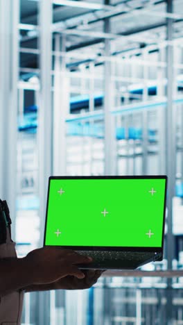 vertical video engineer using green screen laptop in industry 4.0 industrial plant