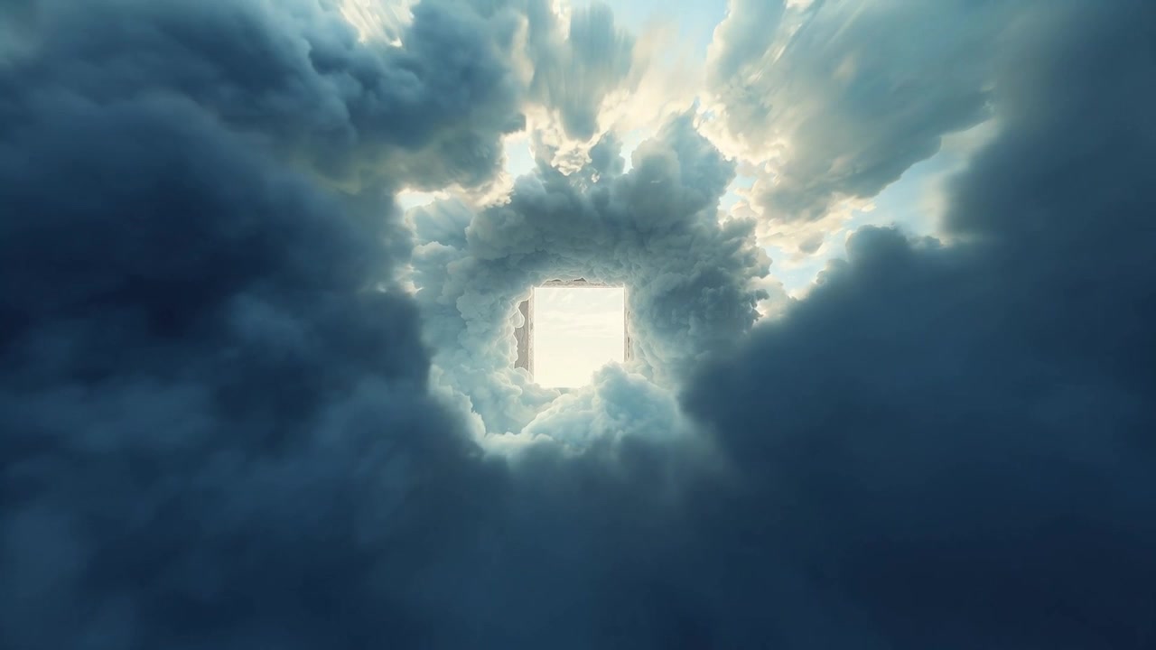 Rivelando un denso anello di nuvole che si stringe mentre una luminosa apertura quadrata si illumina nel cielo, proiettando raggi.