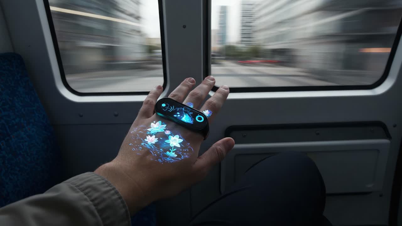 A Fascinating Glimpse of Technology: An Innovative Device Projects Vibrant Floral Patterns onto the Hand Amidst the Urban Landscape from a Moving Train
