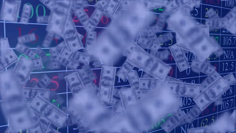 animation of american dollar bills falling over financial data processing