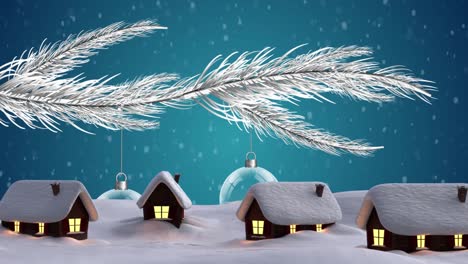 Animation-of-snow-falling-over-christmas-tree-and-multiple-houses-in-winter-scenery
