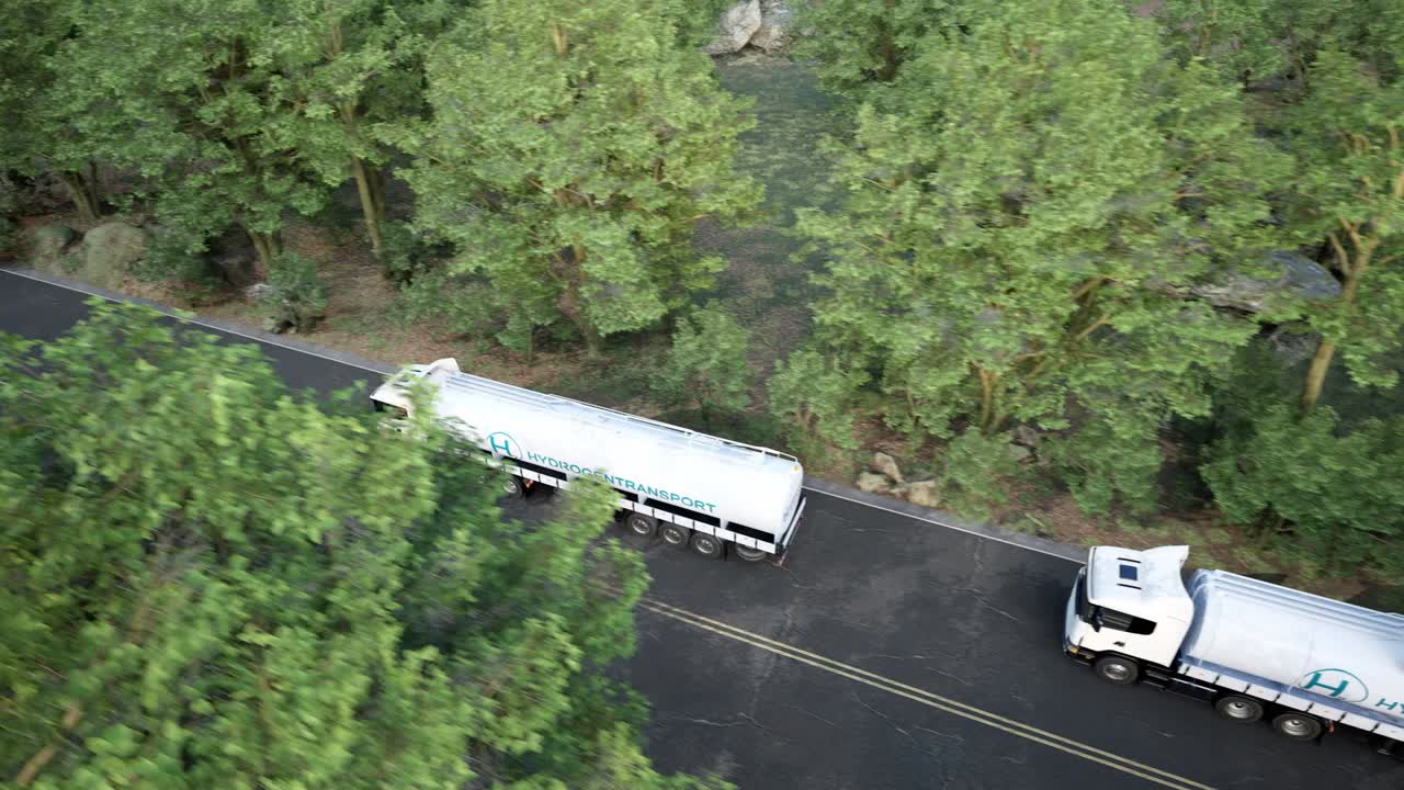 Hydrogen Logistics Concept. Truck With Gas Tank Trailer On The Road Lined