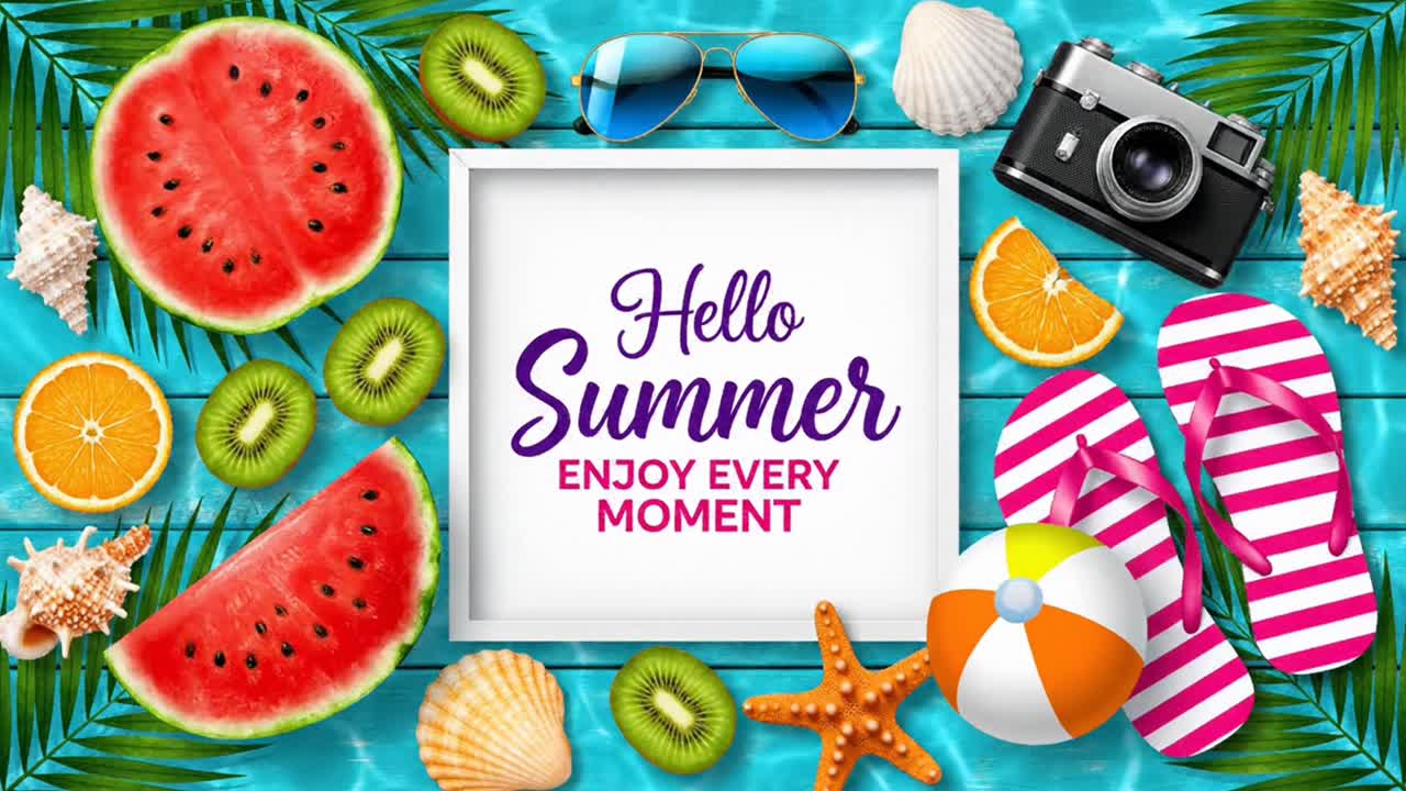 Hallo zomer reiskader met strandvakantieartikelen.