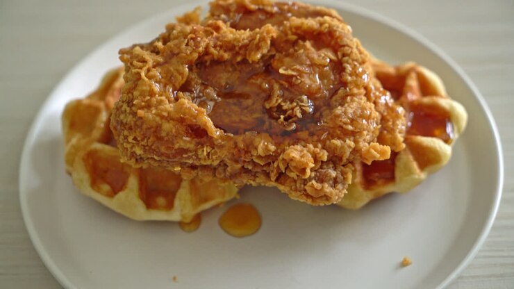 homemade fried chicken waffle with honey or maple syrup