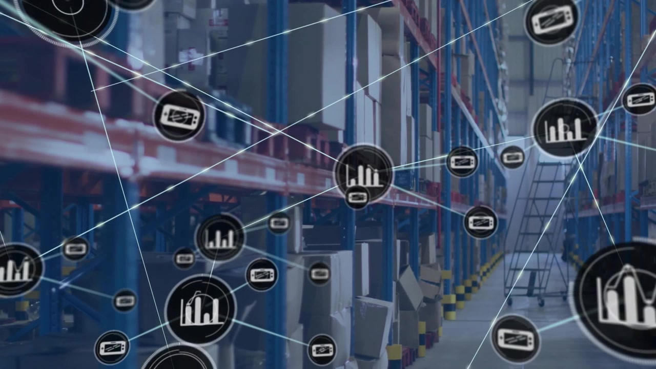 Nodo centrale che appare sopra scaffali di magazzino, stimolando la diffusione di icone di dispositivi che mostrano connessioni IoT.