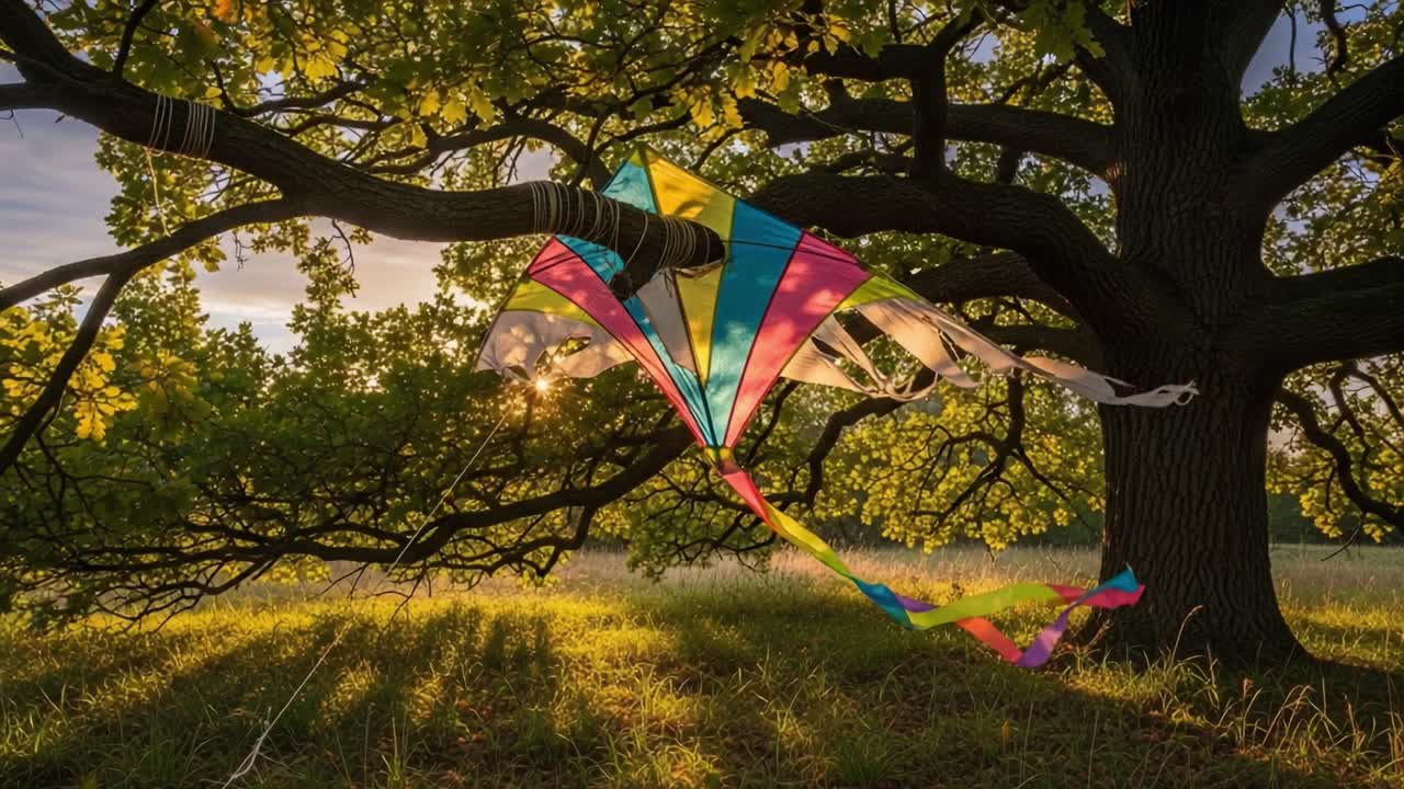 A Colorful Kite Caught in the Branches of a Tree During Sunset, Surrounded by Lush Greenery and Illuminated by the Warm Glow of Evening Light