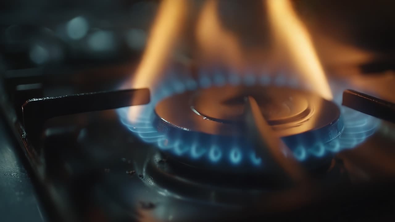 Captivating Close-up of a Flames Dance on a Gas Stove, Vividly Illustrating the Intense Heat and Energy of Cooking in Action