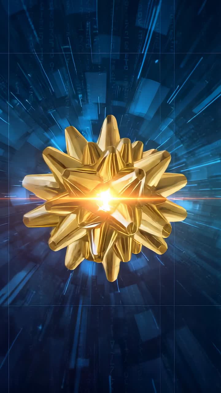 Vertical video: Materializing golden spiky star object, pulsing flare and rotating in data tunnel