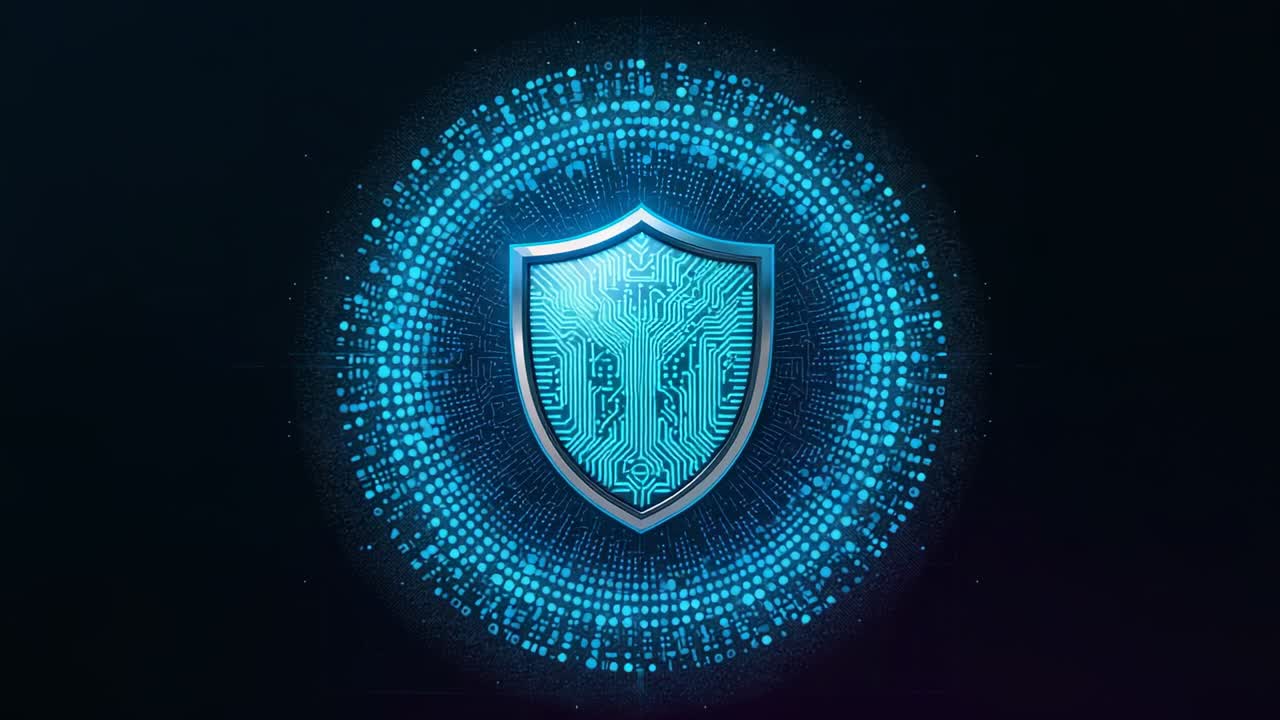 Forming blue dot ring sparking metal shield glowing and showing circuits in navy field for security
