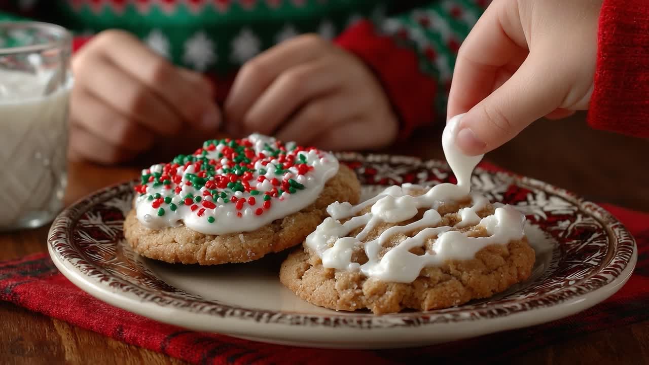 Holiday Cookie Decorating: Enthusiastic Hand Adds Frosting to Colorful Sprinkled Cookies While Festive Sweater Enhances Delightful Scene of Sweet Treats