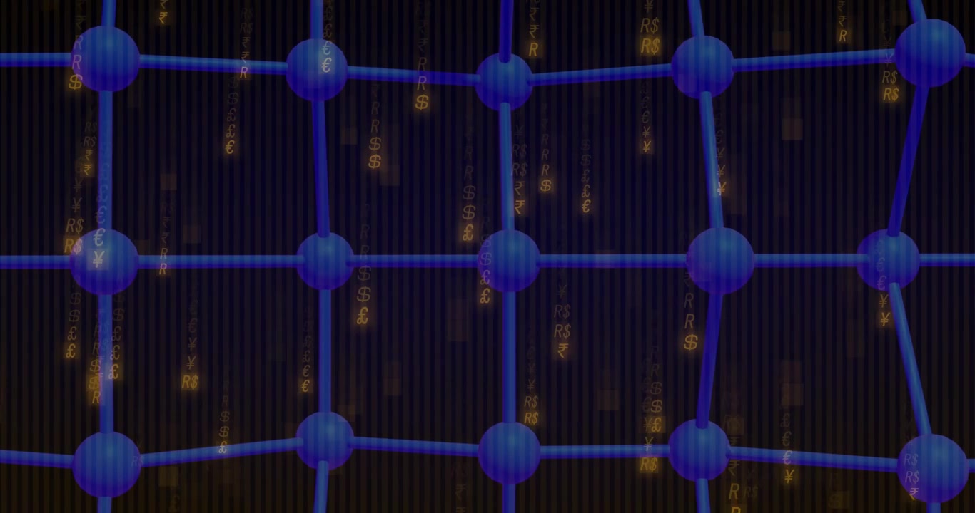 After one second blue lattice holding form as golden characters drifting to show data stream flow