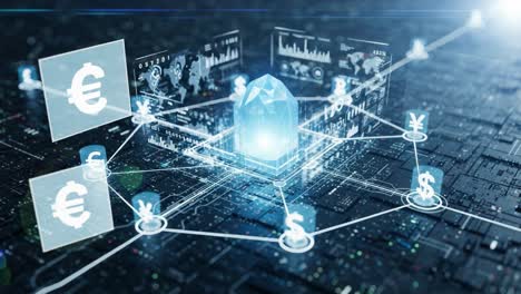 visualizing the digital economy: a network of cryptocurrencies and economic data represented through a central crystal in the tech-driven future