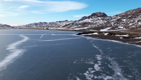 frozen mountainous iceland tundra with icy lake in foreground, sweeping aerial