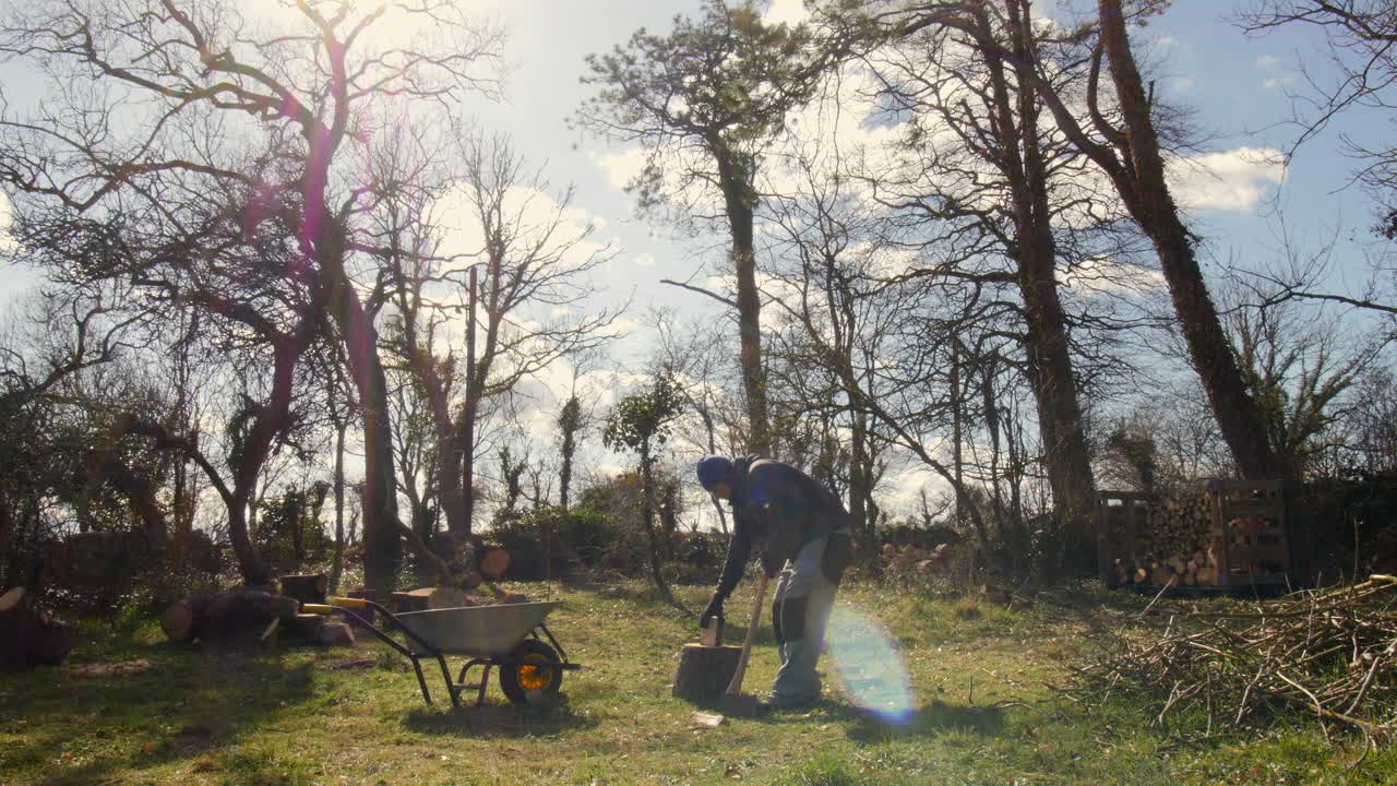 Man chopping wood outdoors under beautiful sunlight in an idyllic setting.